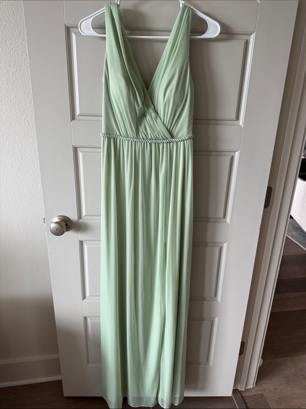 Azazie Tanicia Matcha A-line V-neck pleated mesh dress. Size A4